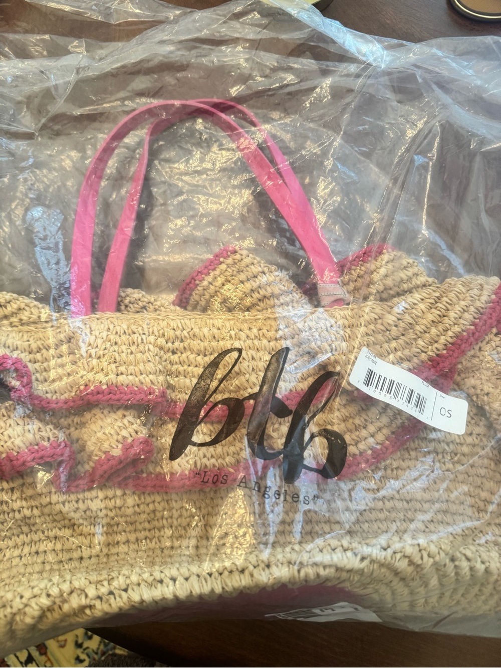 Woven Straw Tote with Pink Ruffle Trim - Picture 4 of 4